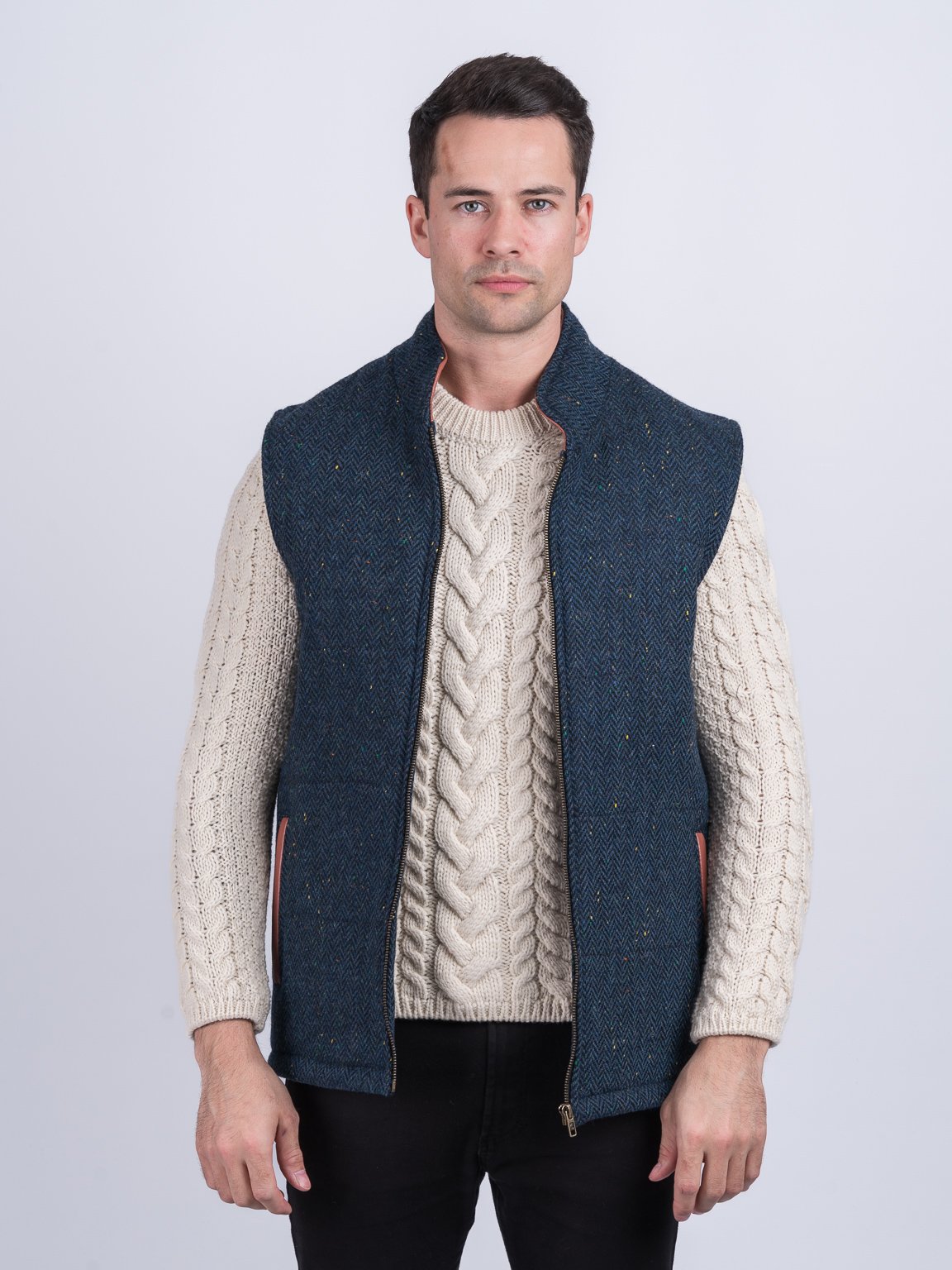 Blue Tweed Bodywarmer with Leather Trims