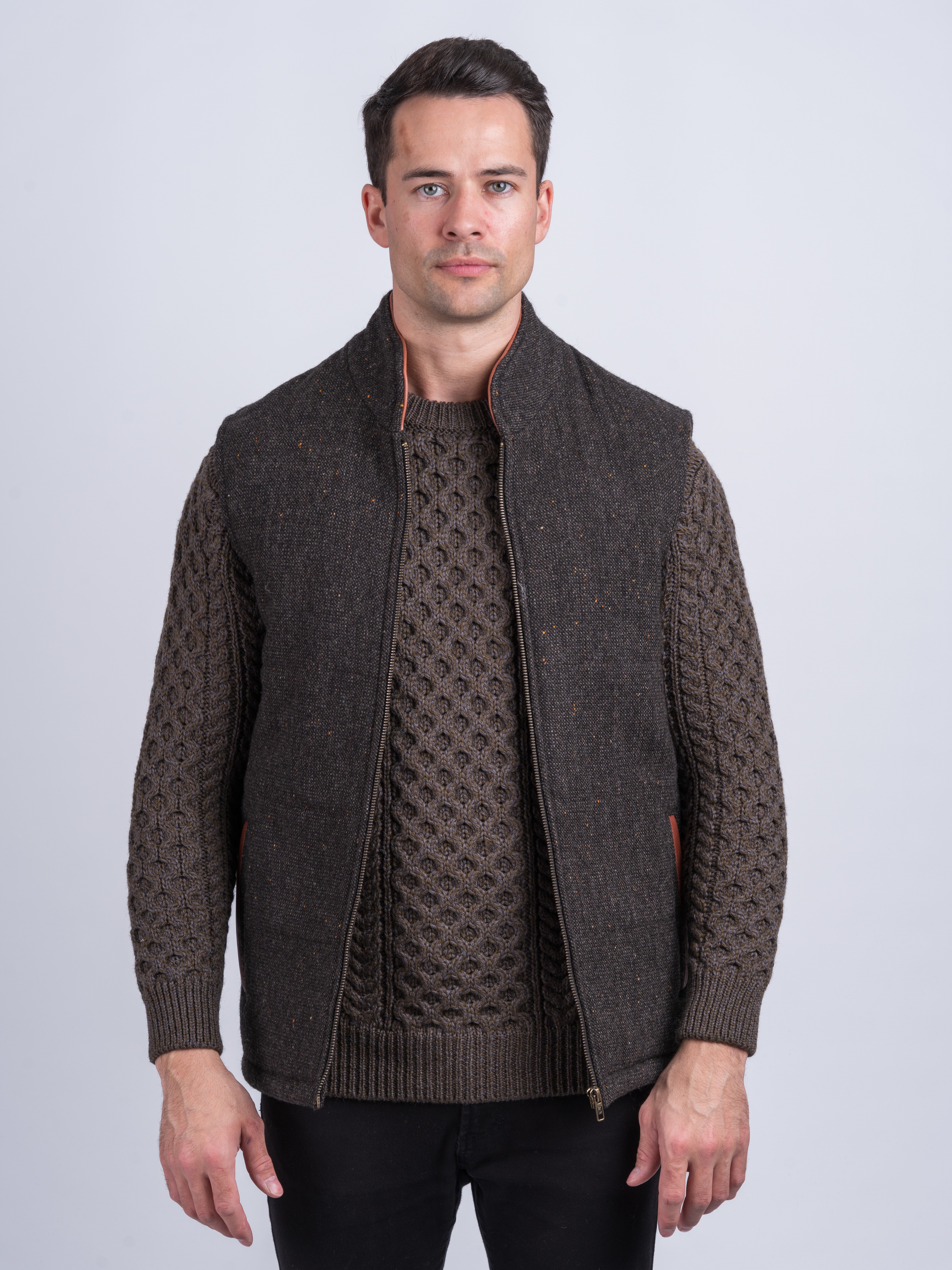 Brown Tweed Bodywarmer with Leather Trims