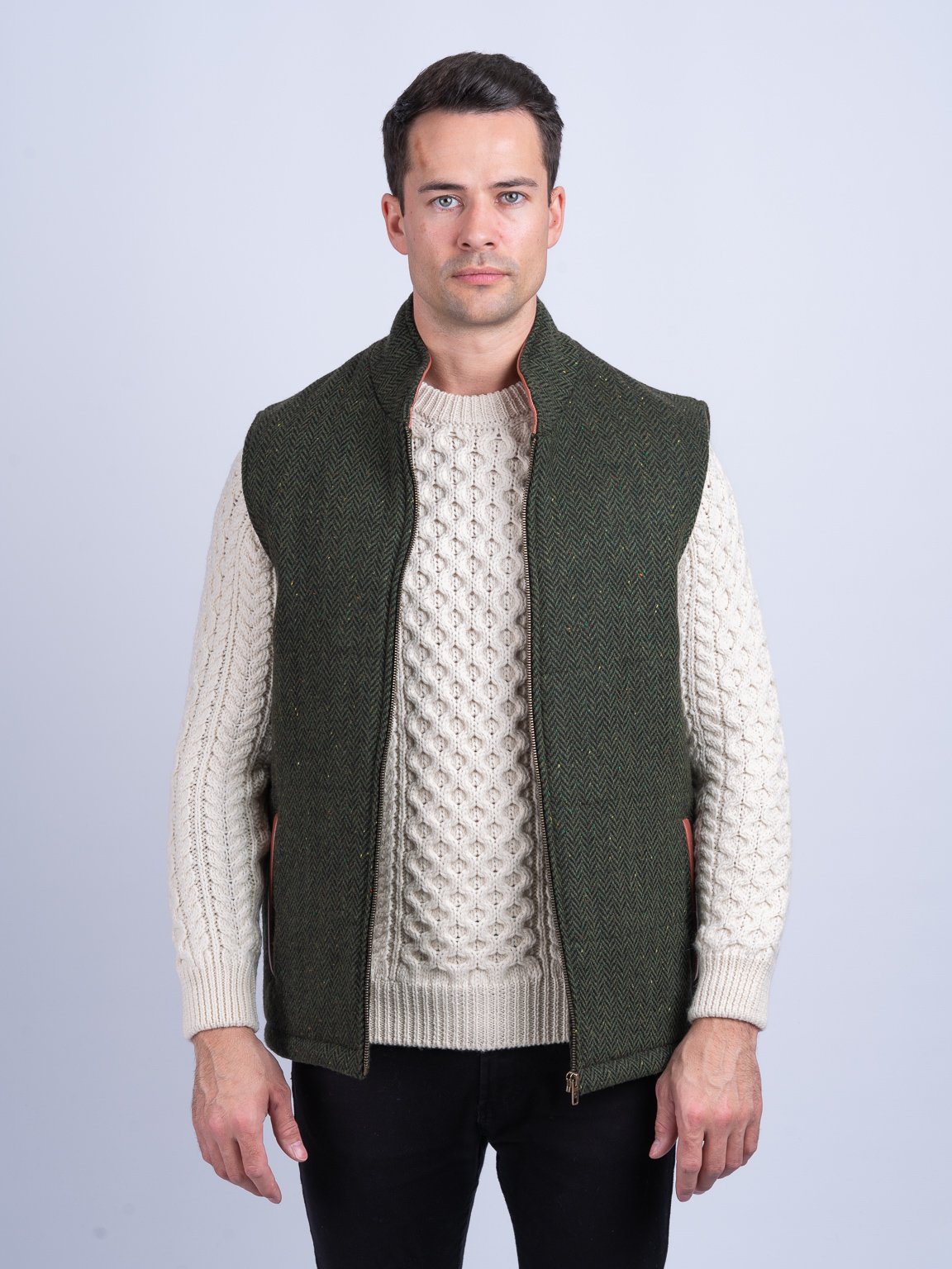 Green Tweed Bodywarmer with Leather Trims