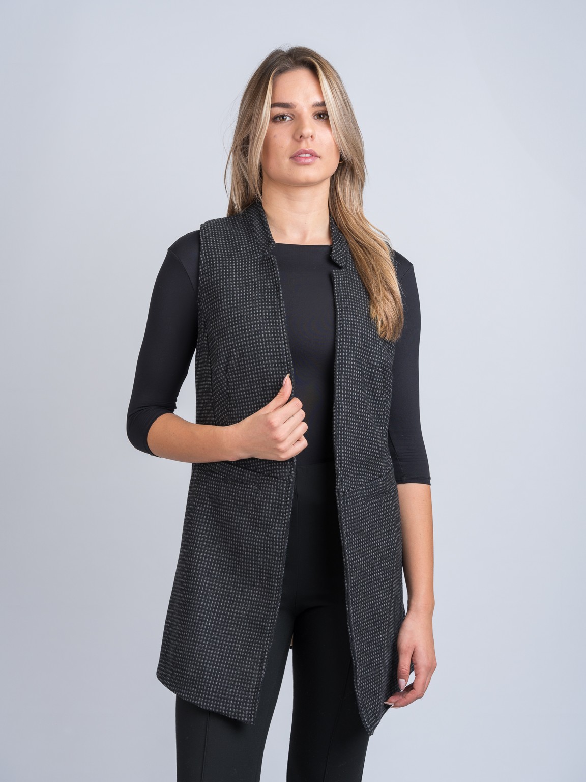 Black Check Tweed Gilet with Pockets