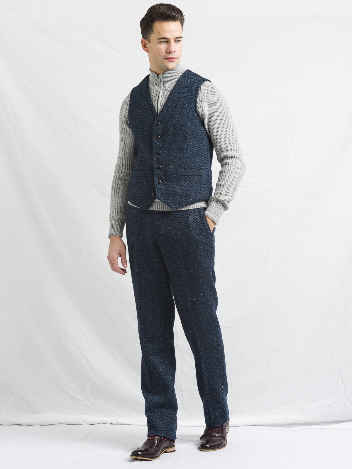 WB Yeats Blue Herringbone Tweed Vest
