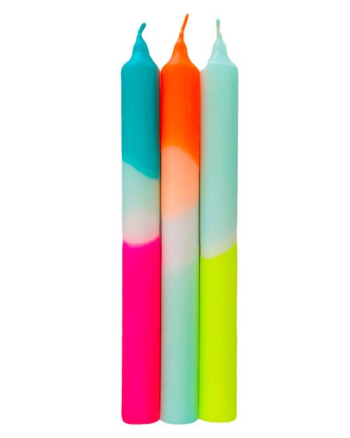Dip Dye Neon Dinner Candle in Rainbow Kisses - Set of Three
