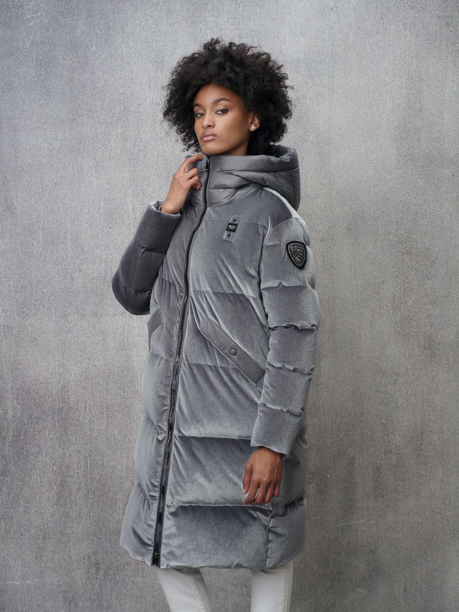 Grey velvet puffer jacket hotsell