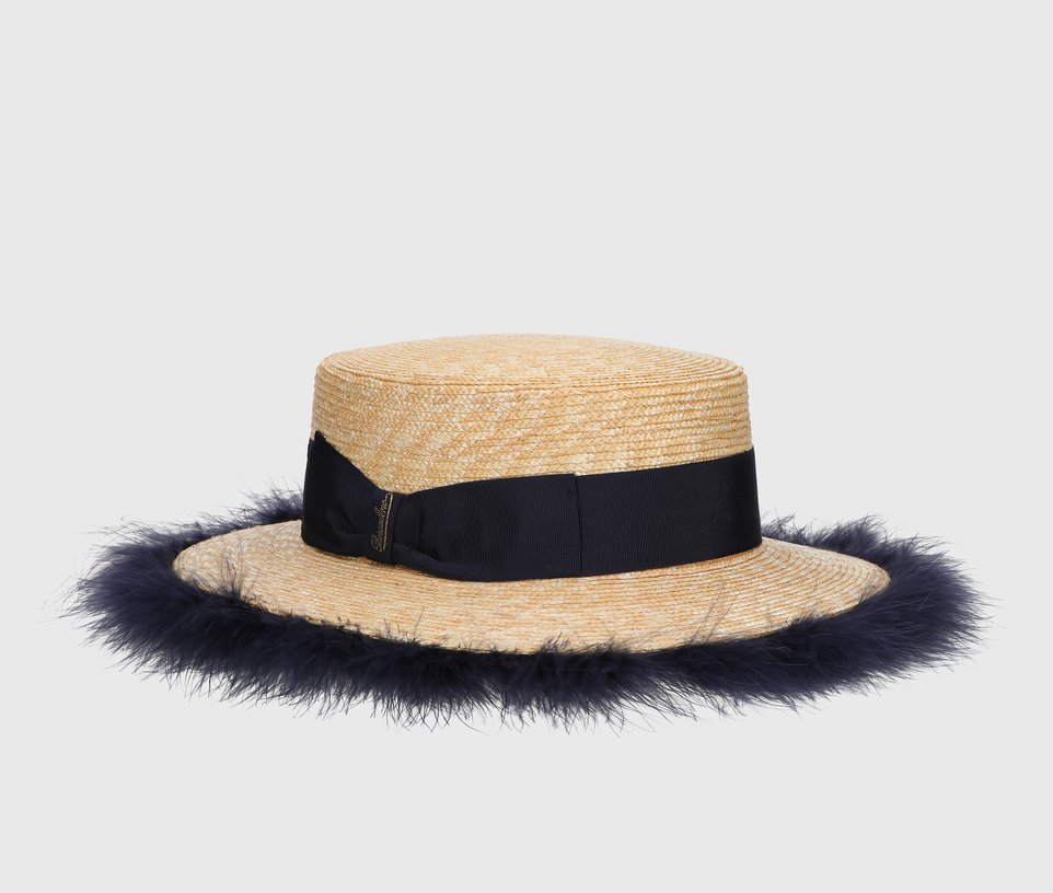 Magiostrina braided straw boater with marabou