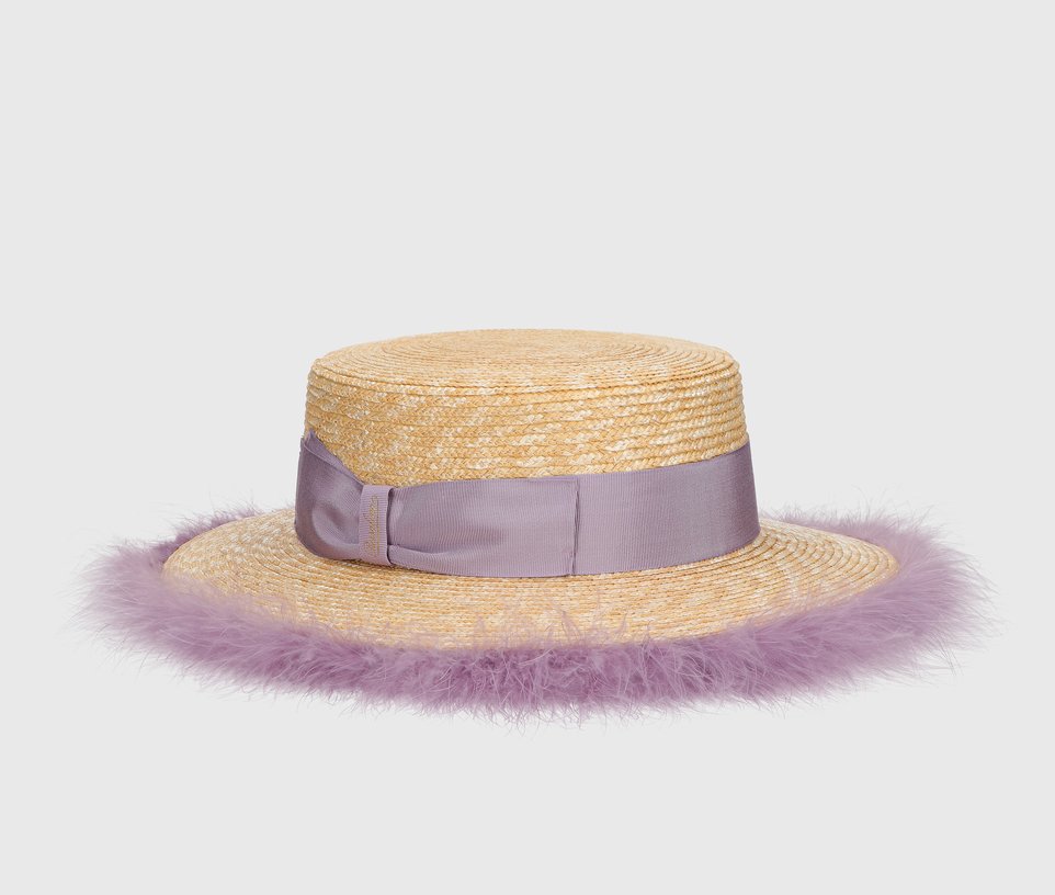 Magiostrina braided straw boater with marabou