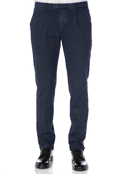 Tricot weft vintage effect trousers with pleated and cuffs - Deep Blue