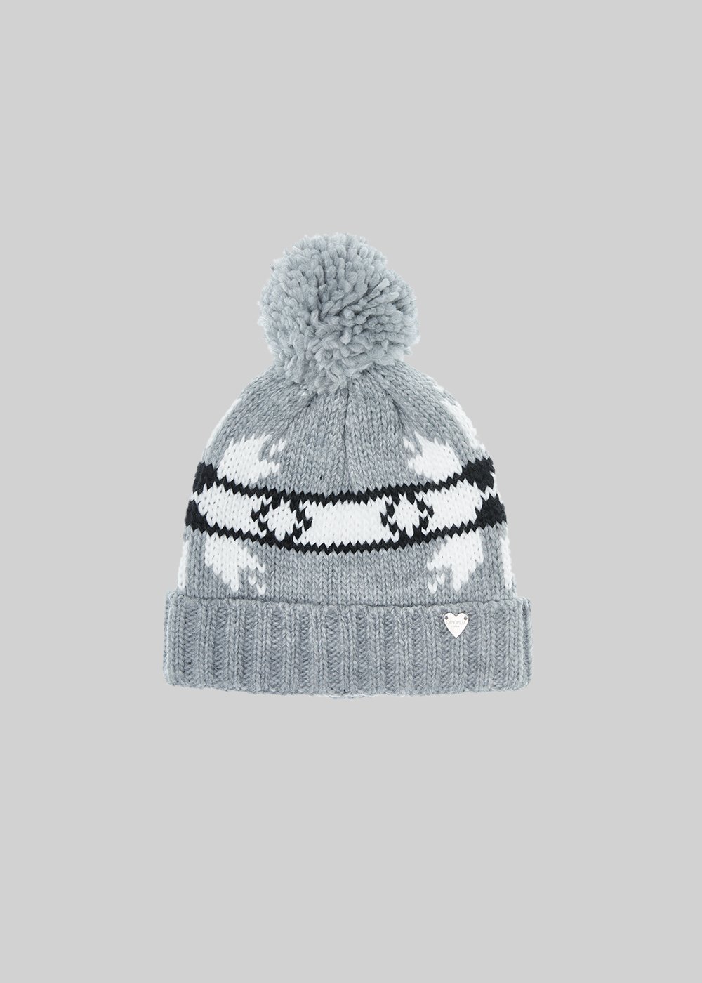 Cady knitted hat with bow and pompom pattern - Grey / White / Black - Woman - Category image
