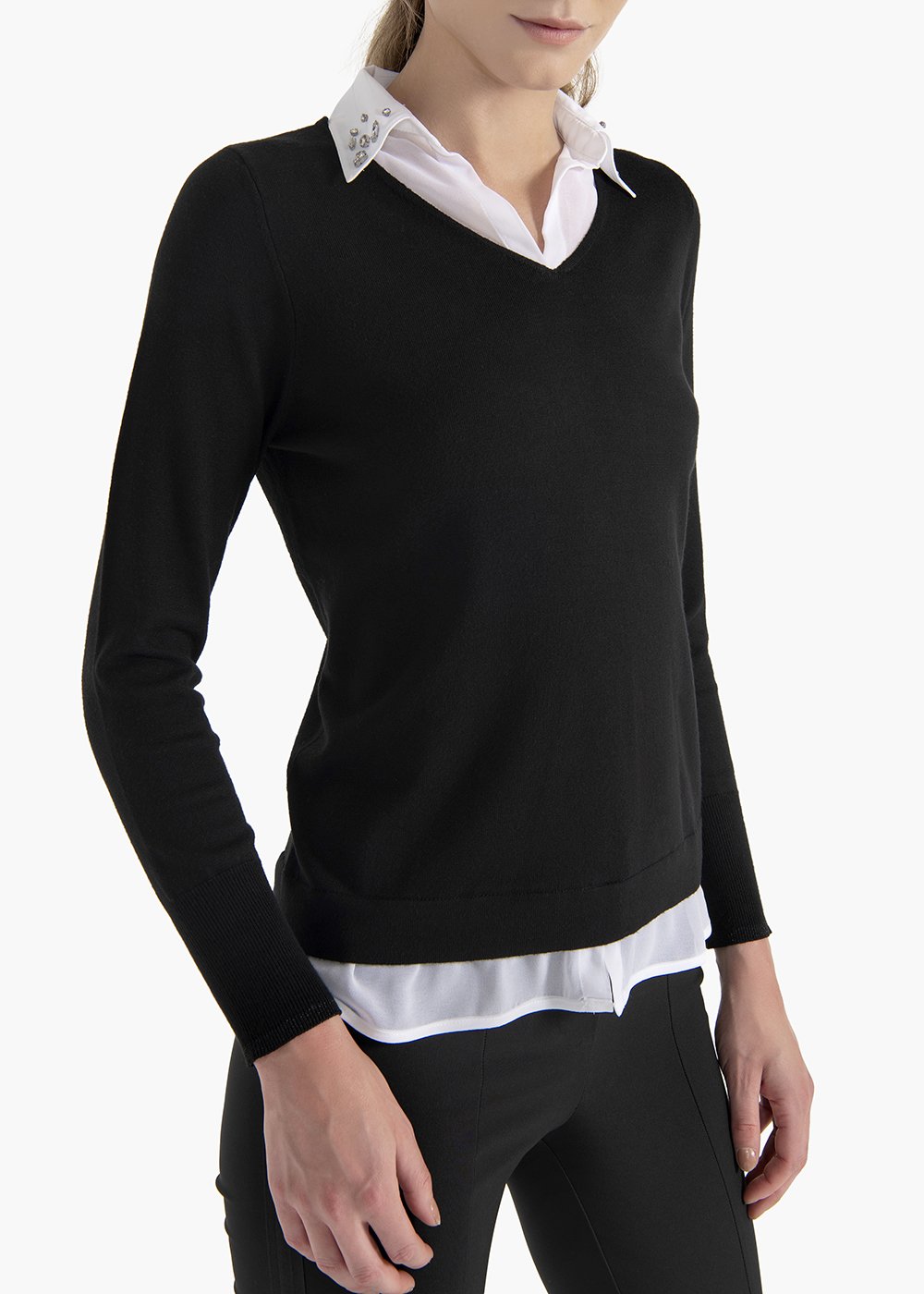 Maya sweater with georgette shirt effect - Black / White - Woman
