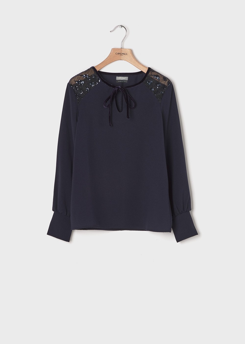 Shirt with tulle inserts and sequins on the shoulders - Medium Blue - Woman