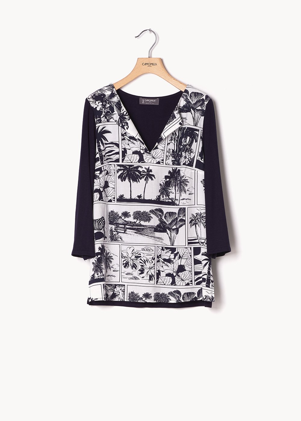 Stefany sweater with comic print - Navy White Fantasia - Woman