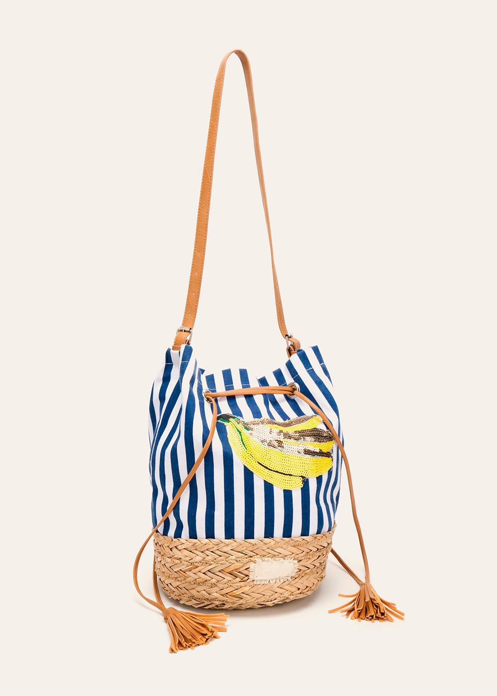 Blank cotton and straw bucket bag - Dark Blue Stripes - Woman