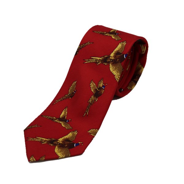 Flying Pheasants On Red  Ground Country Silk Tie