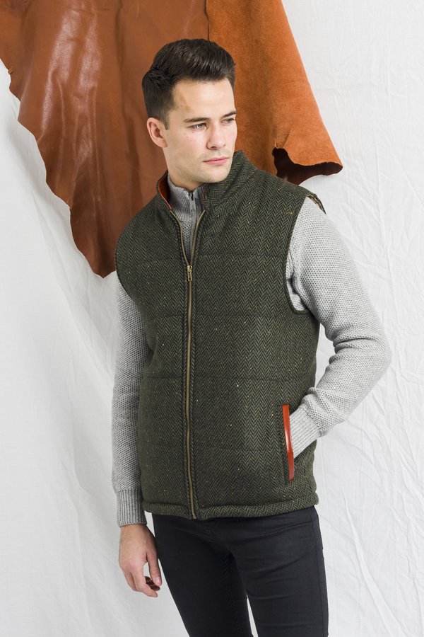 Men's Green  Tweed Body Warmer and Gilet Trimmed with Leather