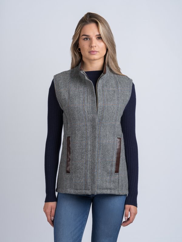 Women's Grey Hunting Tweed Gilet Bodywarmer with Leather Trim