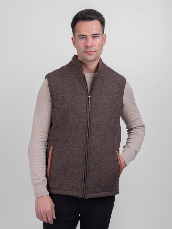 Burns Barleycorn Brown Body Warmer and Gilet with Leather Trims - Medium Brown