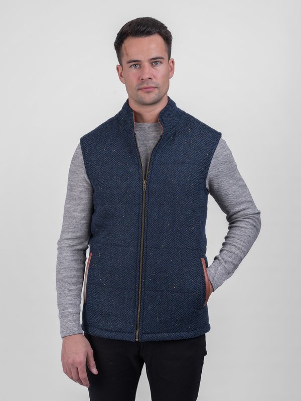 Tweed Bodywarmer with Leather Trims - Blue