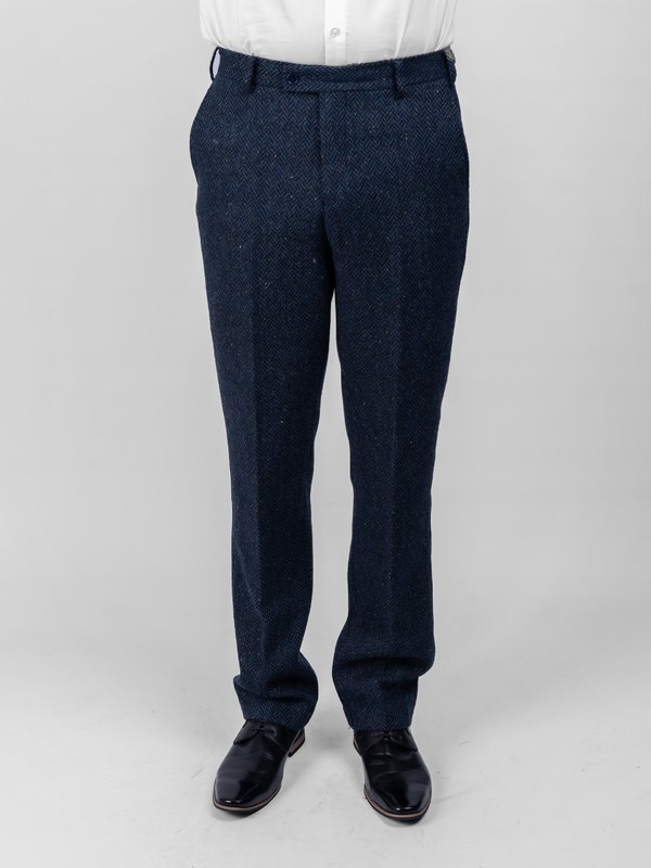 Blue Herringbone Irish Tweed Trousers - Blue