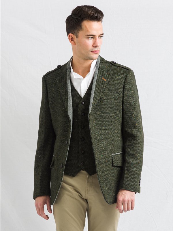 Pearse Green Herringbone Tweed Jacket - Green 