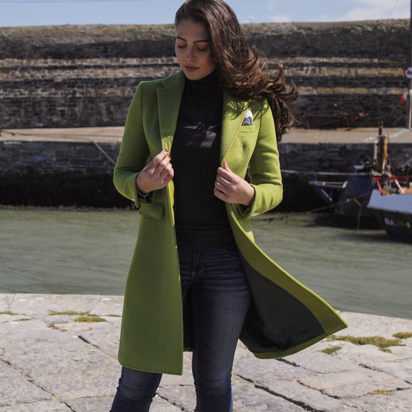 Ladies Lime Green Wool Cashmere Made To, Lime Green Trench Coat Womens