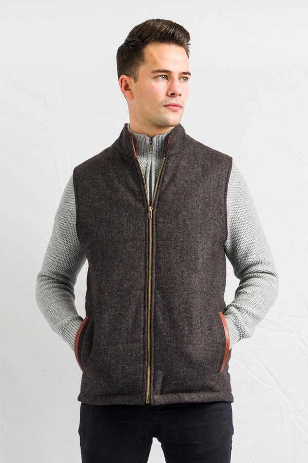 Men's Brown Tweed Body  Warmer And Gilet With leather Trims - Brown