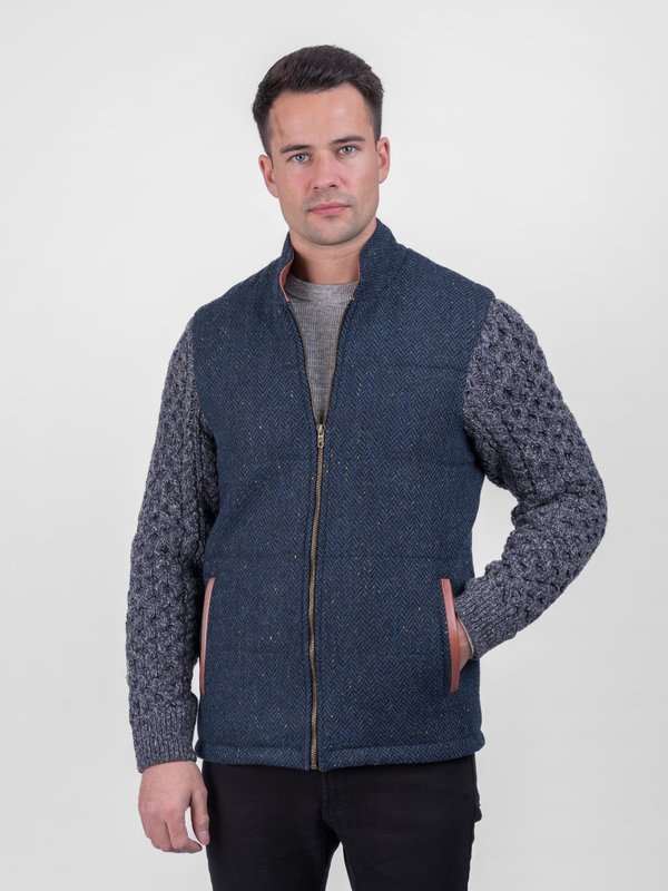 Blue Shackleton Jacket with Navy Marl Cable Knit Sleeve - Blue