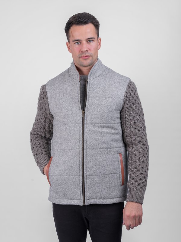 Light Grey Jacket with Rocky Road Cable Knit Sleeve