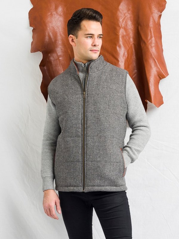 Mens Light Grey Tweed Body Warmer And Gilet Trimmed With Leather - Light Grey