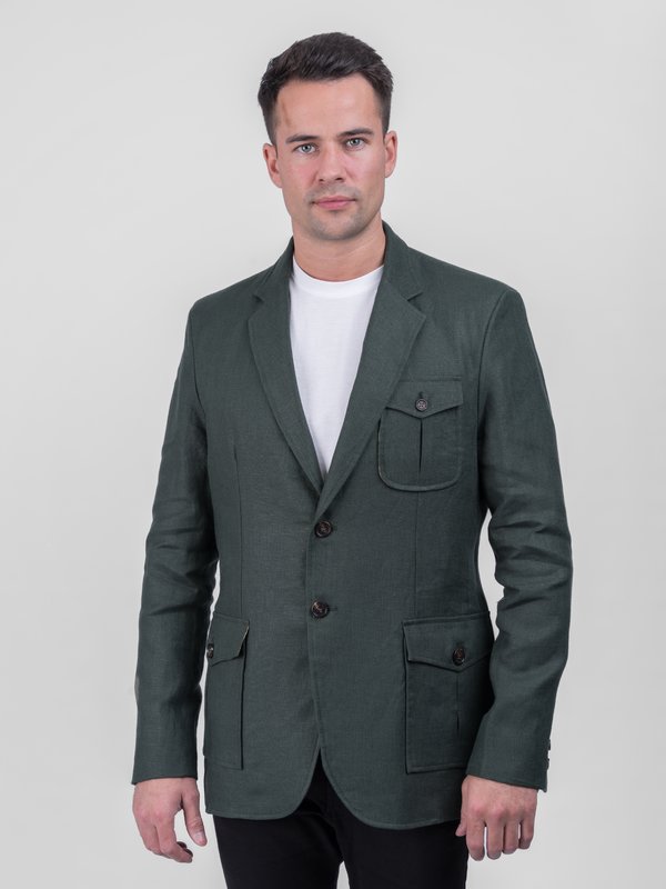 Irish Linen Safari Style Jacket - Dark Eucalyptus