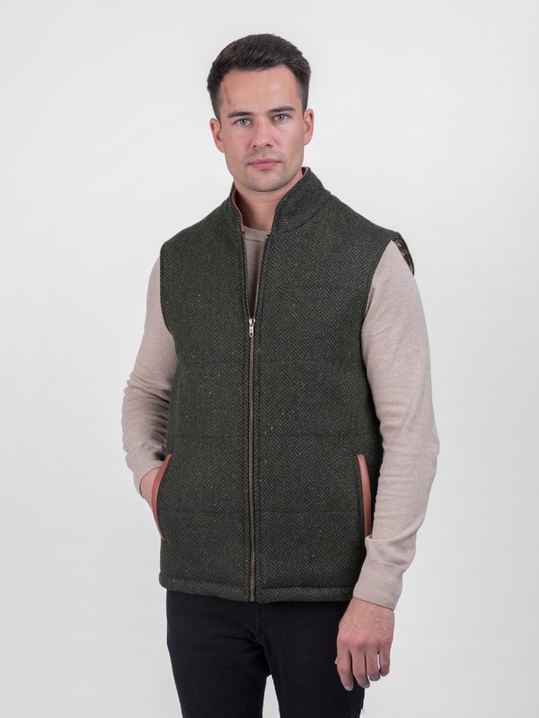 Men's Green  Tweed Body Warmer and Gilet Trimmed with Leather