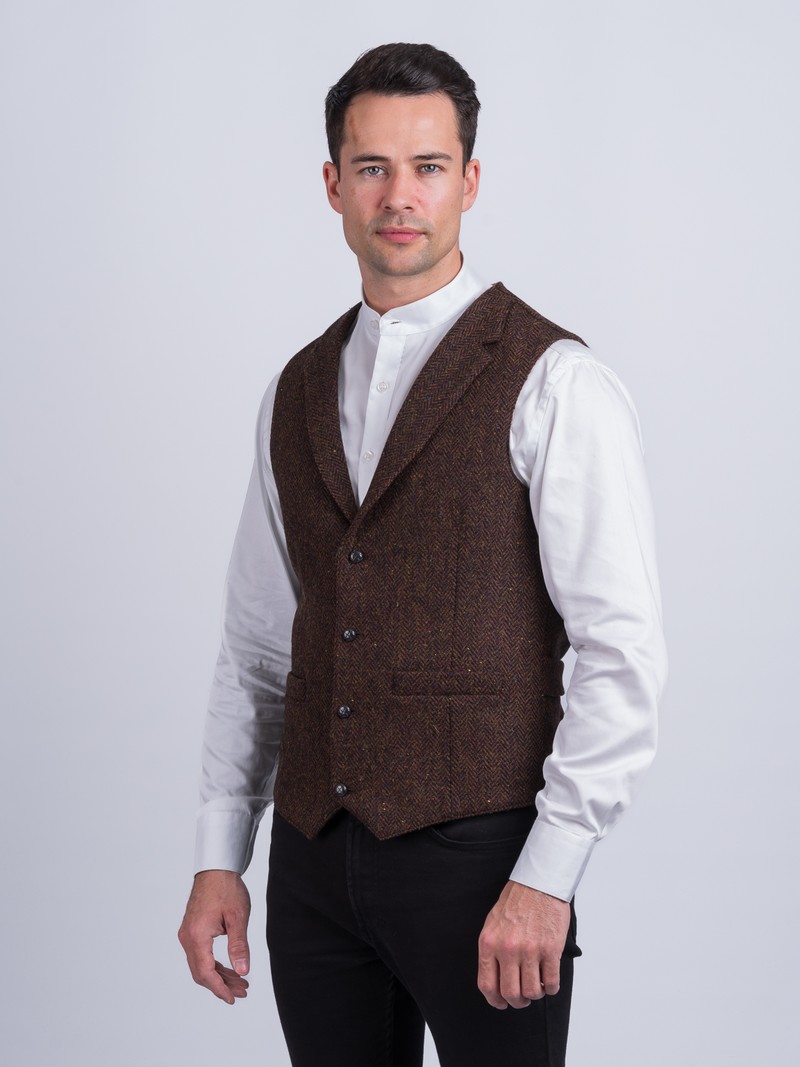 Brown Herringbone Tweed Waistcoat & Vest With Revere