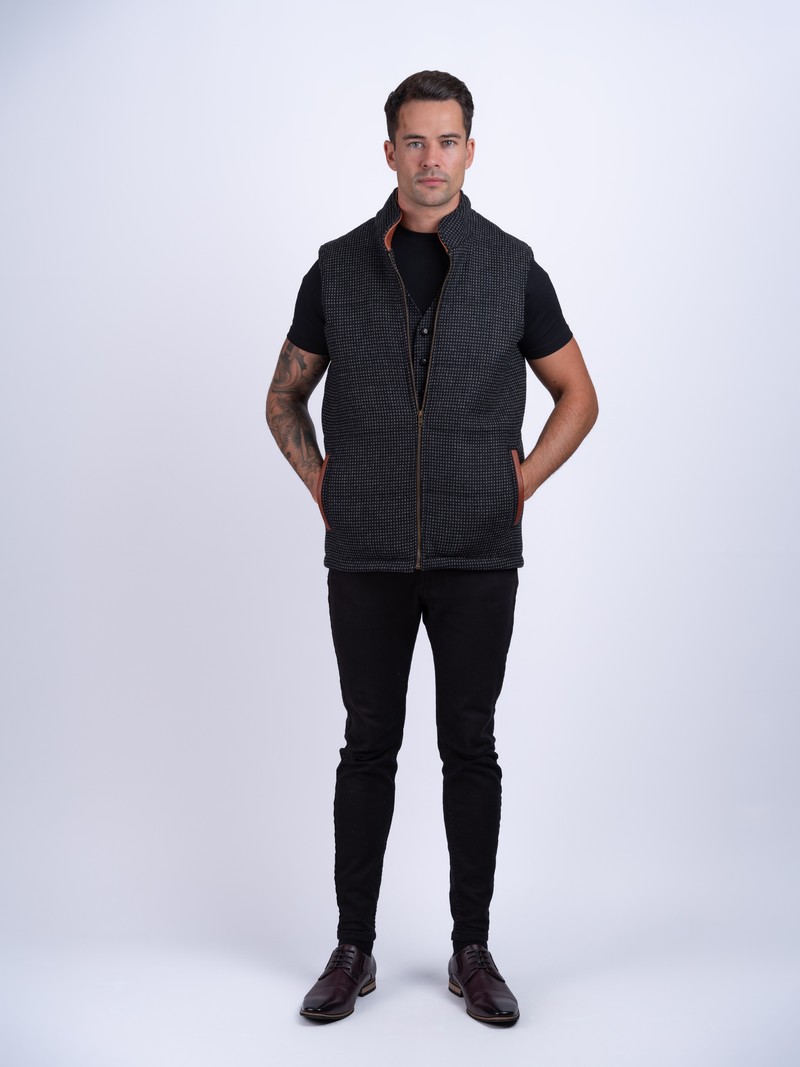 Black Check Tweed Bodywarmer with Leather Trims