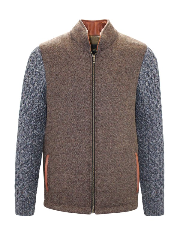 Mid Brown Shackleton Jacket with Navy Marl Cable Knit Sleeve - Medium Brown