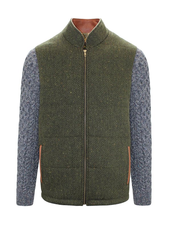 Green Shackleton Jacket with Navy Marl Cable Knit Sleeve - Green