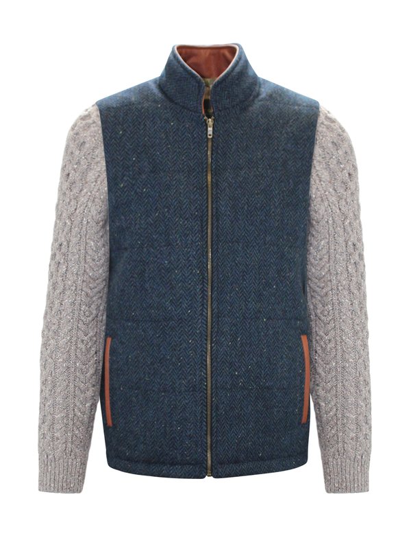 Blue Herringbone Shackleton Jacket with Rocky Road Cable Knit Sleeve - Blue