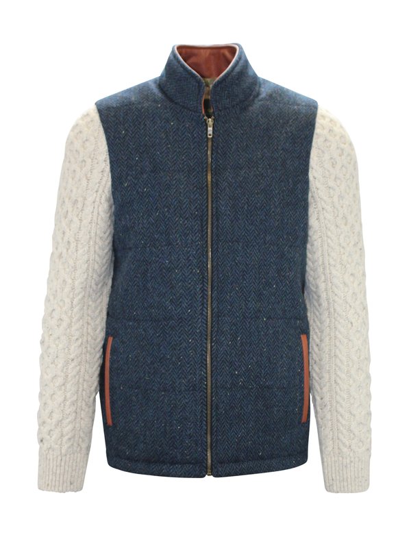 Blue Herringbone Shackleton Jacket with Natural Cable Knit Sleeve - Blue