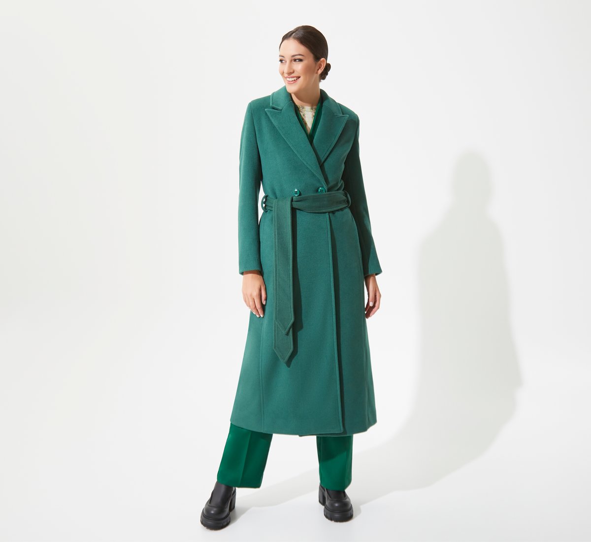 Long green coat with belt