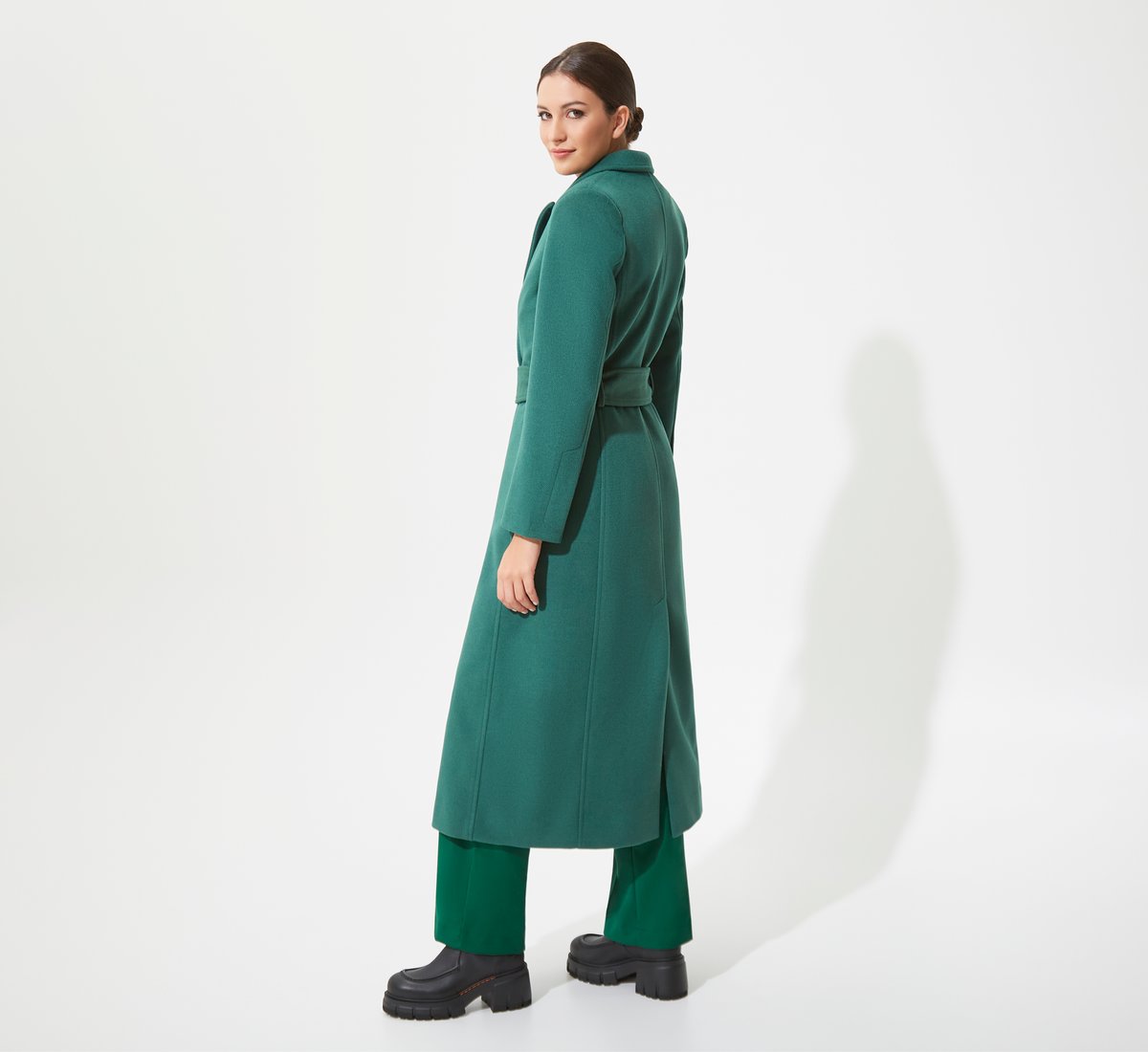Long green coat with belt