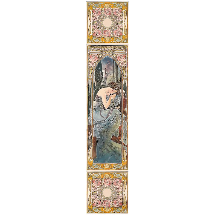 Stovax Alphonse Mucha Nocturnal Slumber Ceramic Fireplace Tile Set (5) Multicolour Left Version Black Glass Framed Door - Multicolour