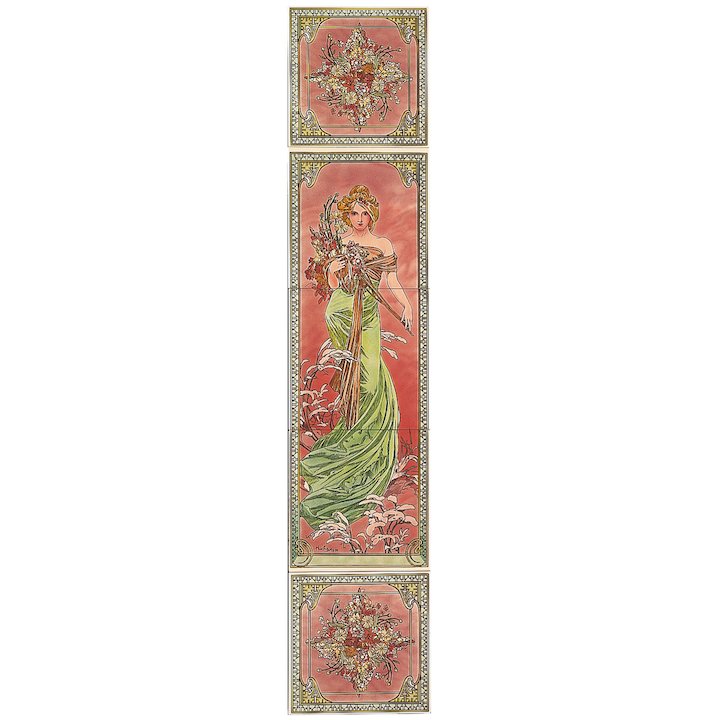 Stovax Alphonse Mucha Spring Ceramic Fireplace Tile Set (5) Multicolour Left Version Black Glass Framed Door - Multicolour