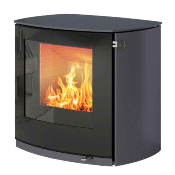 Rais Q-Tee 2 Curved Wood Stove Platinum Black Glass Framed Door - Platinum