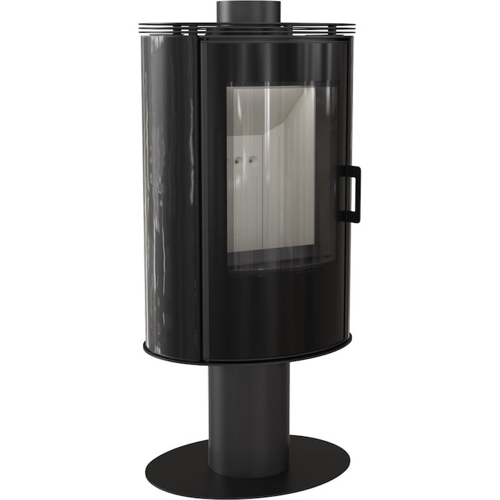 Kratki Koza AB Pedestal Wood Stove Ceramic Black Tiles Rotating Pedestal Black Glass Framed Door - Ceramic Black Tiles