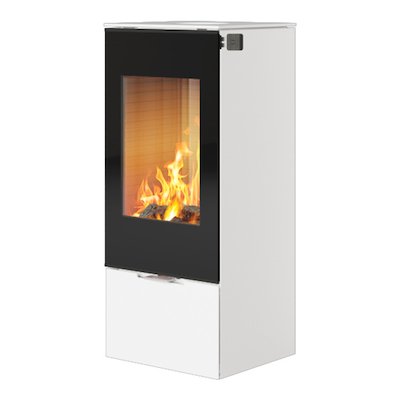 Rais Nexo 100 Wood Stove White Black Glass Framed Door Solid Sides