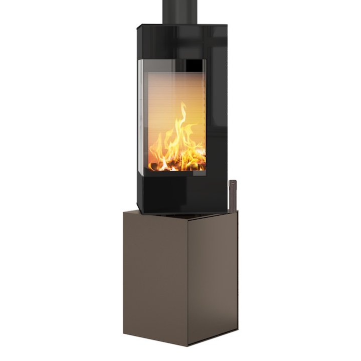 Rais Q-BE Wood Stove Mocha Black Glass Framed Door Rotating Pedestal - Mocha