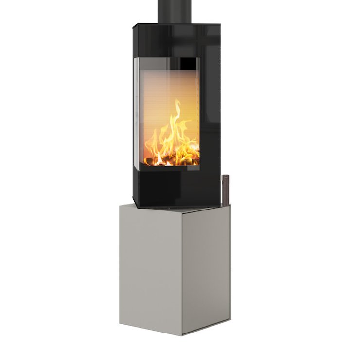 Rais Q-BE Wood Stove Nickel Black Glass Framed Door Rotating Pedestal - Nickel