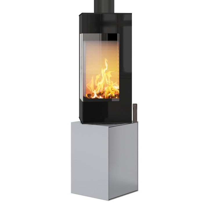 Rais Q-BE Wood Stove Silver Black Glass Framed Door Rotating Pedestal - Silver Filigree