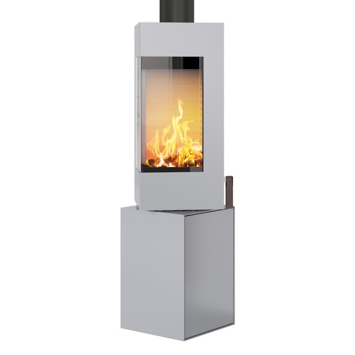 Rais Q-BE Wood Stove Silver Metal Framed Door Rotating Pedestal - Silver Filigree