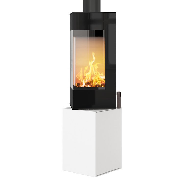 Rais Q-BE Wood Stove White Black Glass Framed Door Rotating Pedestal - White