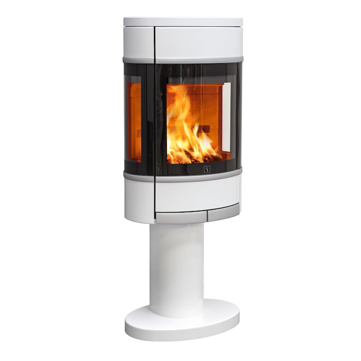 Scan 68 Pedestal Wood Stove White Side Glass Windows Silver Trim - White