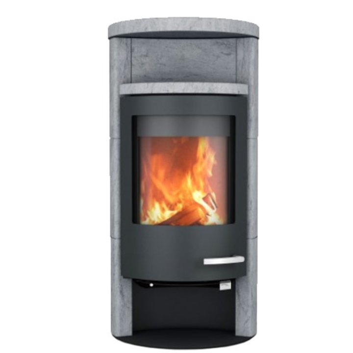 Skantherm Beo Wood Stove Serpentine Natural Stone Black Trim Round Top - Serpentine Natural Stone