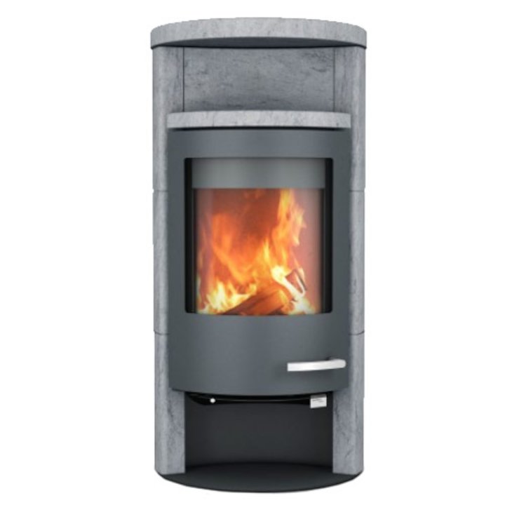 Skantherm Beo Wood Stove Serpentine Natural Stone Grey Trim Round Top - Serpentine Natural Stone